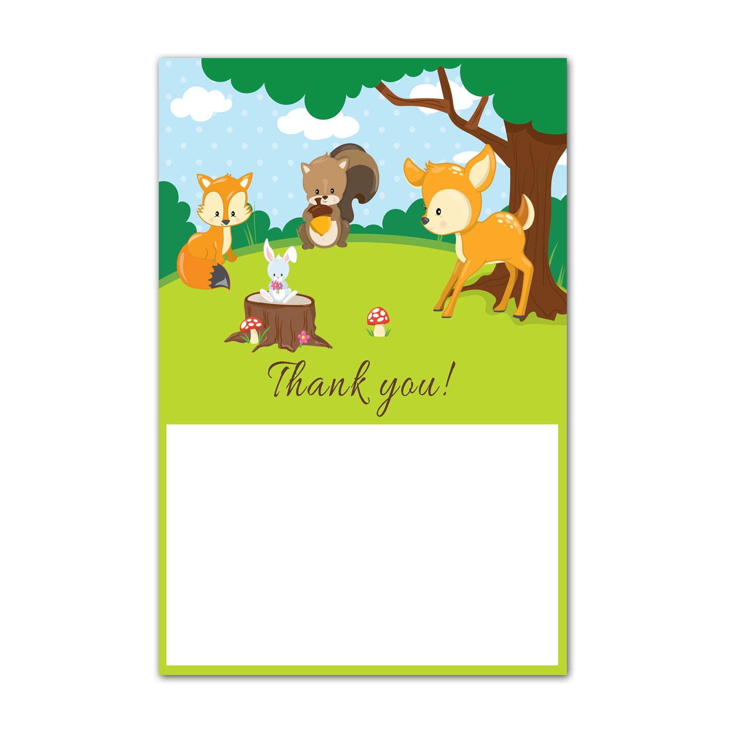 30 Blank Thank You Cards Notes Baby Shower Birthday Forest Animals + 30 White Envelopes