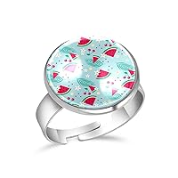 Watermelons Cherries Pattern Flowers Adjustable Rings for Women Girls, Stainless Steel Open Finger Rings Jewelry Gifts