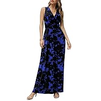 CATHY Women's Casual Sleeveless Deep V-Neck Long Dress Beach Waist Maxi Dresses with Pockets