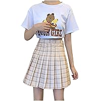 XIAOYUAN Women Fashion School Skirt, 2021 Elegant Slash-Neck Plaid Pleate Printed Dress Floral Chiffon Evening Strap Shoulder Dresses Anti-Burnout A-Line High Waist Short Skirt