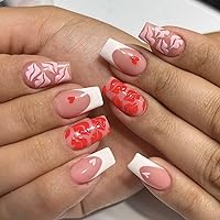 24pcs Valentine's Day Press On Nails, Glossy Medium Square Fake Nails, Love Heart Red Pink Lip Print With Design Press On Nails, Full Cover False Nails for Women Girls Valentine's Nail Decorations