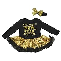 Petitebella My First New Year 2017 L/s Bodysuit Gold Sequins Tutu Nb-18m