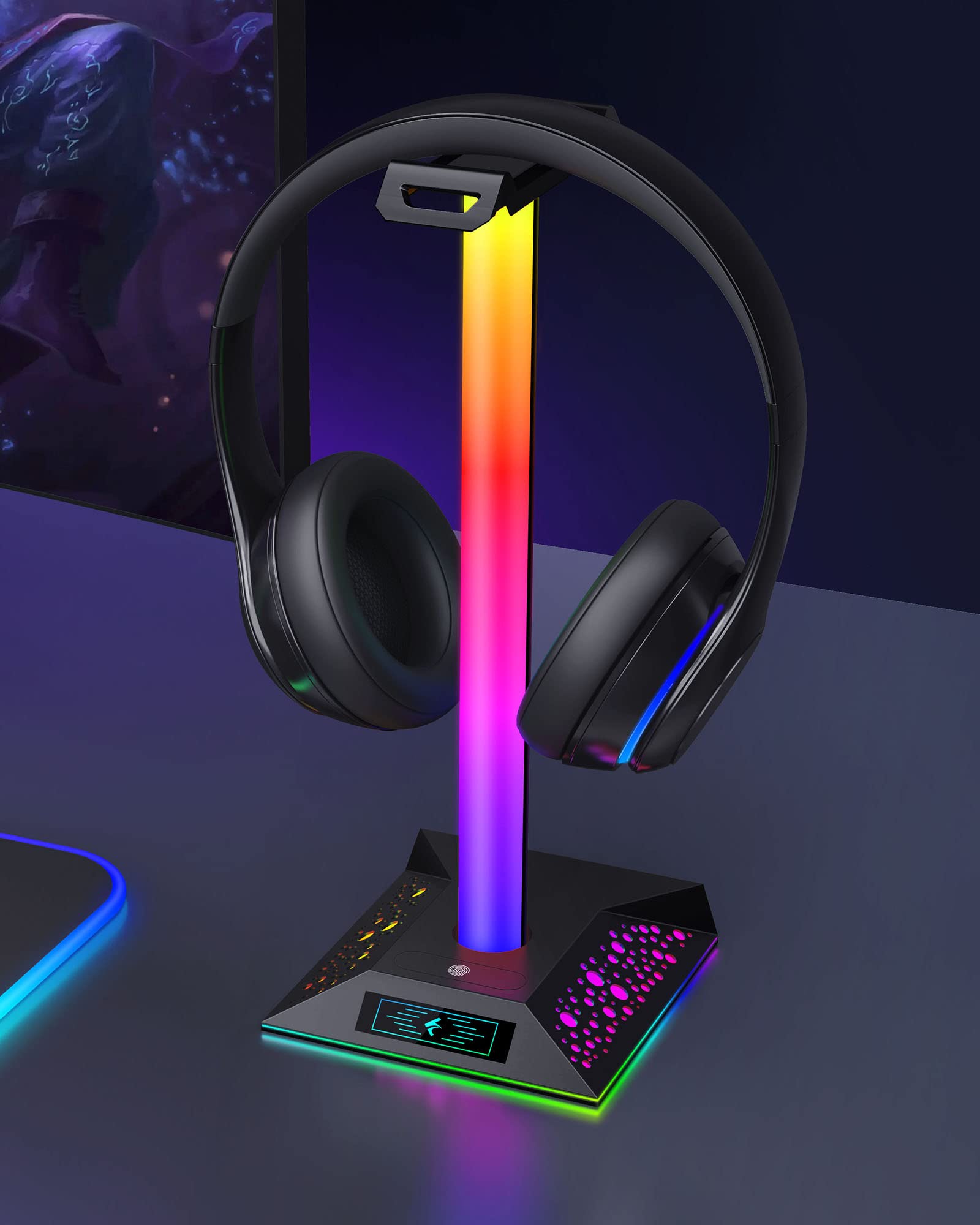 Xergur Gaming Headphone Stand PC Accessories, RGB Headset Stand with 2 USB Charger, Cool LED Headphone Holder PC Gaming Accessories Gift for Boys Men Gamers, Computer Game Hardware for Desk