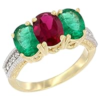 14K Yellow Gold Diamond Enhanced Ruby & Natural Emerald Ring 3-Stone 7x5 mm Oval, Sizes 5-10