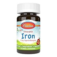 Carlson - Kid's Chewable Iron, 15 mg, Superior Absorption, Blood Health, Energy Production & Optimal Wellness, Natural Strawberry Flavor, 30 Tablets