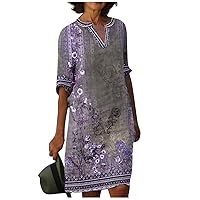 Women's Casual DresssesFall Fashion 2023 Womens Midi Dresses Vintage Print V-Neck Half Sleeve Dress