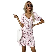 Chic Exclusive Women Maxi Dress Floral Printed Pleated V-Neck Short Sleeve Mini Bohemia Dress