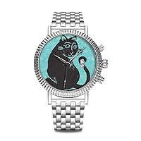 luxury watch brand popular, classy watch brand popular, give to yourself or relatives friends lovers men watch personality pattern watch 768. black cat turquoise and blue watch, Silver, Bracelet Type