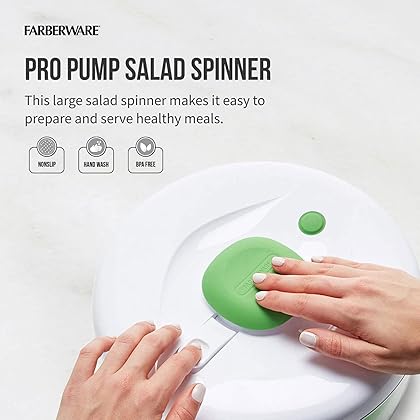 Farberware Easy to use pro Pump Spinner with Bowl, Colander and Built in draining System for Fresh, Crisp, Clean Salad and Produce, Large 6.6 quart, Green