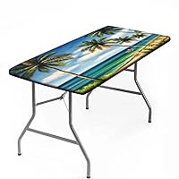 SongYi Rectangle Fitted Tablecloth for 4 ft-(24''x48''), Summer Coconut Tree by The Sea Elastic Edge Table Cover Waterproof Wipeable Table Cloth for Camping Picnic Outdoor Indoor Travel Party Use