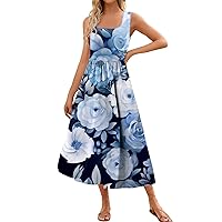 Women's 2024 Summer Maxi Dress Casual Floral Print Sleeveless Square Neck Flowy Long Beach Elegant Tank Sundresses