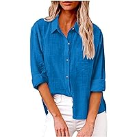 Dollar Deals Cotton Linen Button Down Shirts for Women Long Sleeve Collared Work Blouse Trendy Loose Fit Summer Tops with Pocket
