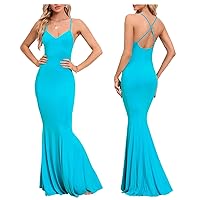 Slip Dress for Women Sexy V-Nek Spaghetti Strap Backless Slim Wrap Hip Fishtail Dress Solid Color Boho Floral Dress
