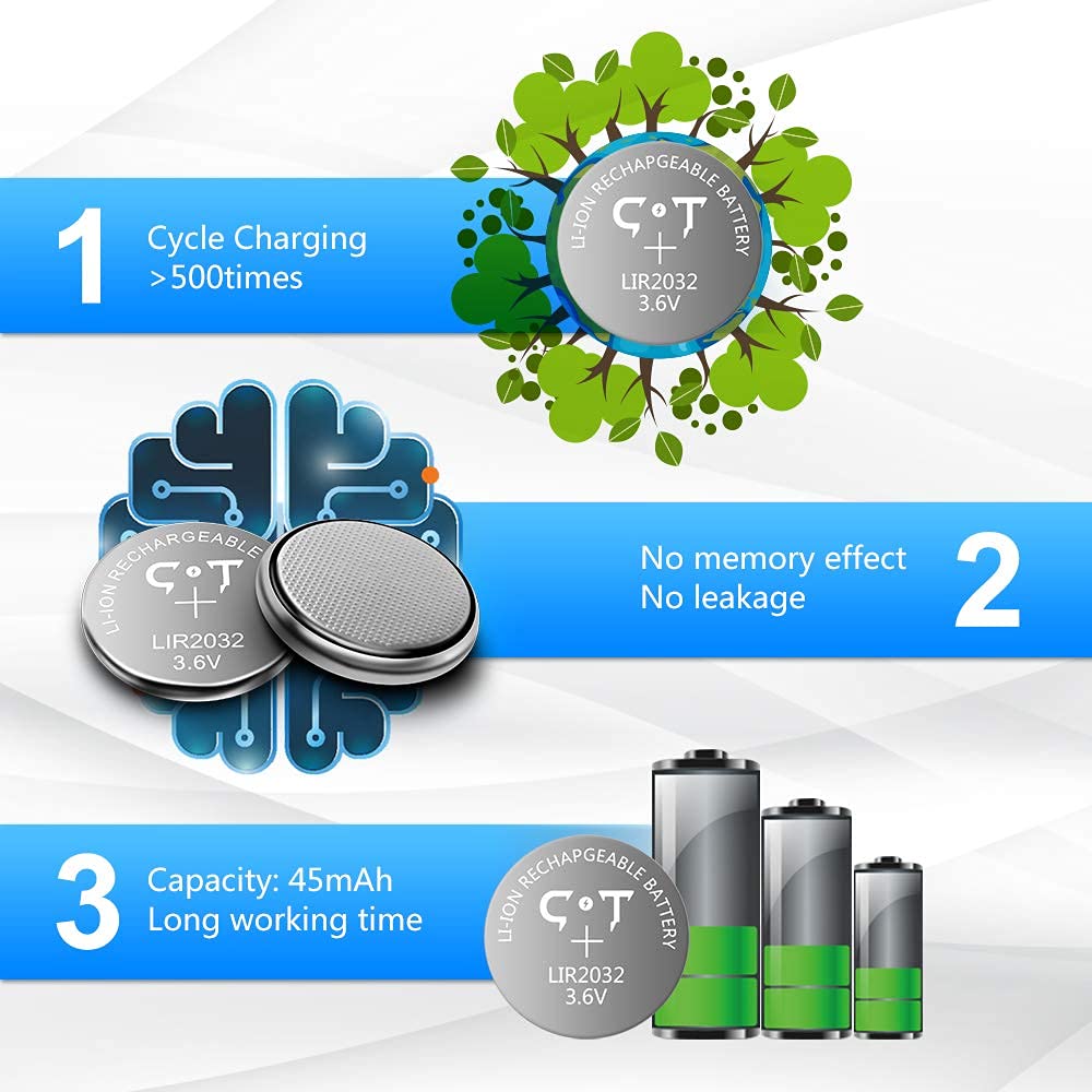 CT-ENERGY Rechargeable 2032 Button Batteries,6pcs 3.6V 2032 Rechargeable Lithium-ion Coin Batteries Replace 3V Cr2032 Battery