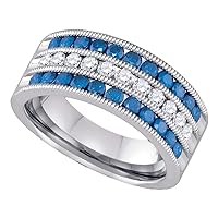 The Diamond Deal 10kt White Gold Womens Round Blue Color Enhanced Diamond Milgrain Striped Band Ring 1.00 Cttw