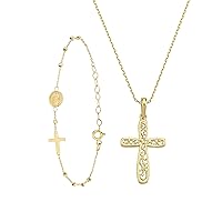 14K Gold Plated Pattern Floral Cross Necklace and Rosary Cross Bracelet Jewelry Set for Women, 925 Silver Cross Pendant Chain,Crucifix, Chain Bracelet Religious, Christian Gift for Her
