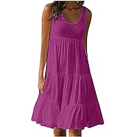 Summer Dresses for Women 2024 Trendy Sleeveless Round Neck Sundress Solid Loose Flowy Pleated Mini Babydoll Dress Cute Dress