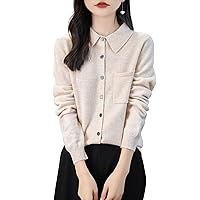 Women's Polo Neck 100% Merino Wool Sweater 2024 Spring Basic Long Sleeve Knitted Cardigan Sweater with Pocket