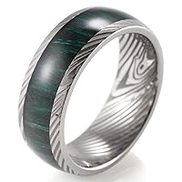 Men's 8mm Domed Damascus Stripes Titanium Ring with Green Wood Inlaid