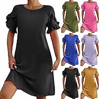 Womens Short Layered Ruffled Sleeve Dress 2024 Summer Casual Crewnck Elegant Tredny Dressy Knee Length Dresses