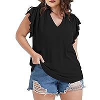 Plus Size Tops for Women V Neck Ruffle Sleeve Blouse Solid Color Tunic Casual Shirts Summer