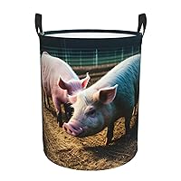 Pigs in Farm Round waterproof laundry basket,foldable storage basket,laundry Hampers with handle,suitable toy storage