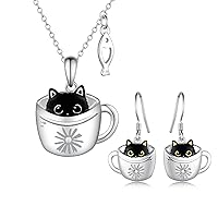 925 Sterling Silver Black Cat Cup Necklace and Earrings,Christmas Jewelry Gift for Women Girls Mom Daughter Wife