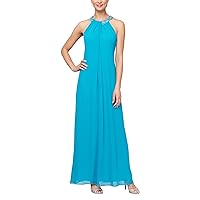 S.L. Fashions Women's Sleeveless Halter Neck Long Maxi Dress with Beaded Neckline (Petite and Regular Sizes)