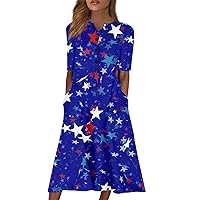American Flag Dresses for Women 4th of July V-Neck Short Sleeve Dress Print Casual Dress with Pockets