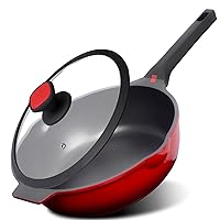 DIIG Nonstick Deep Frying Pan Skillet with Lid, 12 inch/ 5.5 QT Saute Pan with Silicone Lid, Sauce Pan Cookware Cooking Chef Pan, Cast Aluminum Induction Compatible, Ruby Red