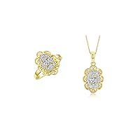 RYLOS Women's Yellow Gold Plated Silver Floral Halo Pendant Necklace & Matching Ring. Gemstone & Genuine Diamonds, 18