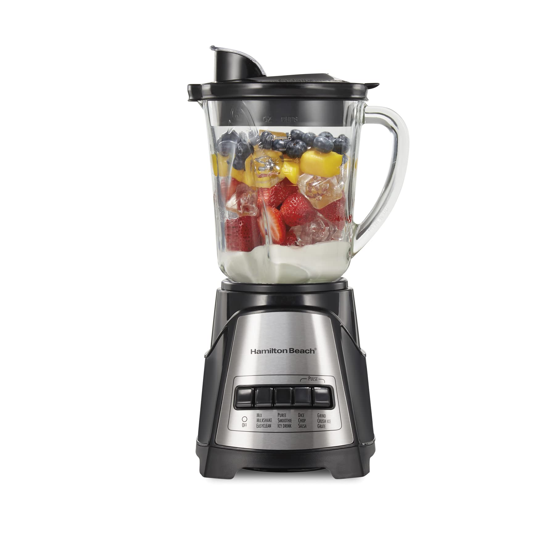 Hamilton Beach Power Elite Wave Action Blender for Shakes and Smoothies, Puree, Crush Ice, 40 Oz Glass Jar, 12 Functions, Stainless Steel Ice Sabre-Blades, Black (58148A)