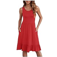 Women's Summer Sundress with Pockets Casual Pleated Ruffle Hem Knee Length Tank Dress Sleeveless Beach Dresses