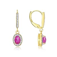 Women's Yellow Gold PlatedcDangling Earrings - Oval Shape Gemstone & Diamonds - 6X4MM Birthstone Earrings - Exquisite Color Stone Jewelry
