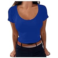 Women's Short Sleeve Scoop Neck Ribbed Knit Fitted Casual Tops Tee Summer Slim Basic Shirts Teen Girls Cute T-Shirt