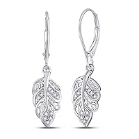 10kt White Gold Womens Round Diamond Dangle Leaf Leaves Wire Earrings 1/20 Cttw