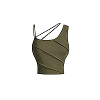 Women's Solid Cut Out Asymmetrical Neck Ribbed Knit Crop Cami Top Sleeveless Slim Fit Tank Top