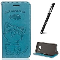 Slynmax Samsung Galaxy S7 Flip Leder Wallet Case Katze liebt zu essen Fisch Design + 1 * Stylus Pen blau