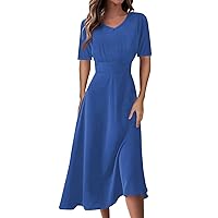 Women's Sun Dresses 2024 Casual Fashion Solid Color V-Neck Short Sleeve Waist Long Swing Dress, S-2XL