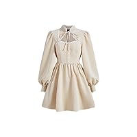 Women's Casual Dresses Tie Neck Lace Trim Lantern Sleeve Corduroy Dress Charming Mystery Special Beautiful (Color : Beige, Size : X-Small)
