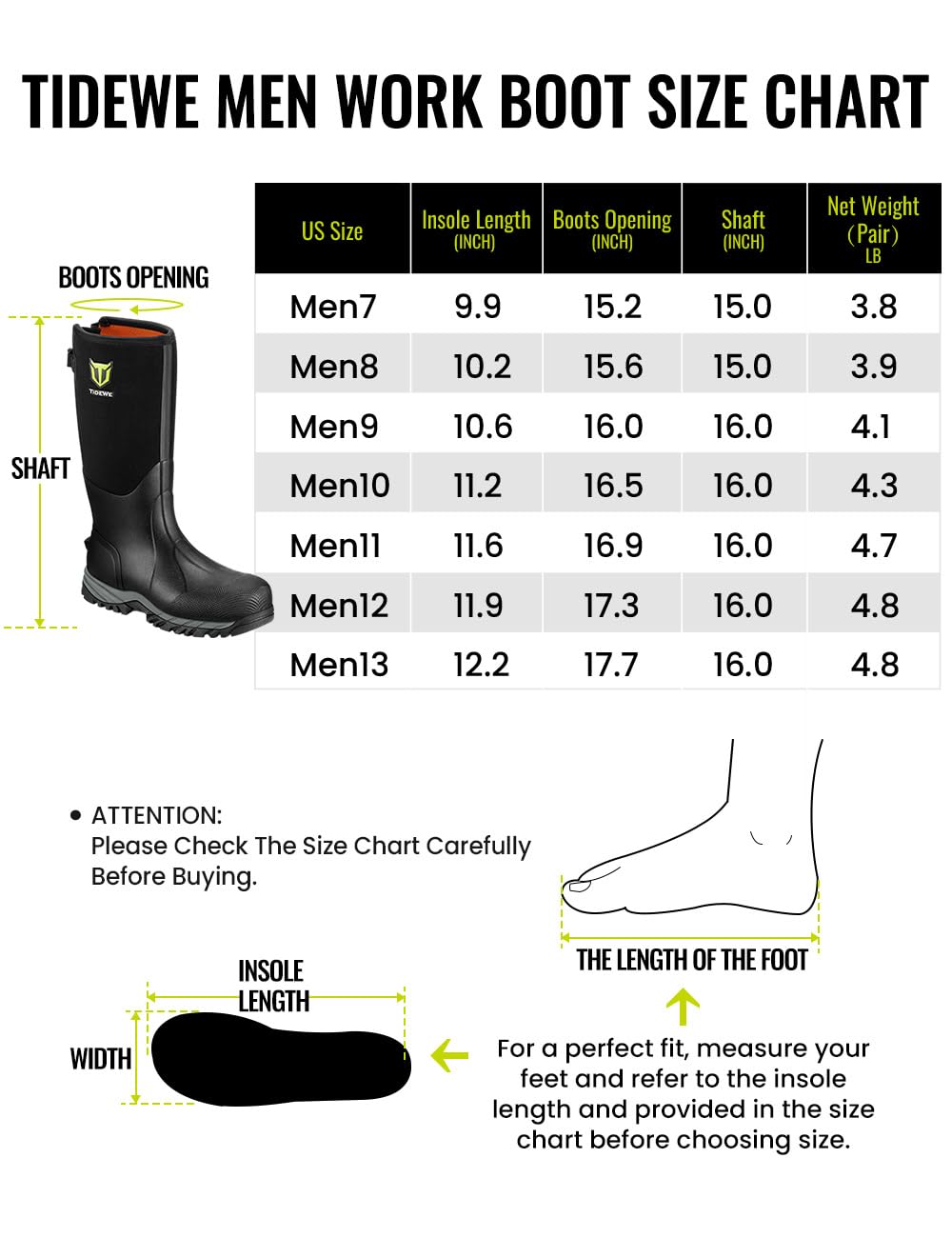 TIDEWE Work Boots Puncture-Proof with Steel Toe & Shank, Waterproof Anti Slip Rubber Boots for men, 6mm Neoprene Outdoor Boots, Durable Hunting Boots for Manufacturing, Construction, Farming(Black,Size 7-13)