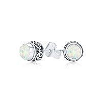 Boho Bali Indonesian Tiny Round Genuine Birthstone Gemstone Stud Earrings For Women Teens Oxidized .925 Sterling Silver