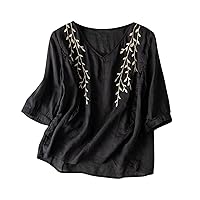 Womens Bohemian Linen Shirt Tops Embroidered Floral Graphic Loose 2024 Ruffle Front Solid Blouses Hippie Long Sleeve