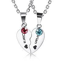 Customized Heart Necklace for Men Women Personalized Heart Puzzle Matching Necklace for Couples Stainless Steel Custom Engraving Name/Date Heart Pendant Necklace Set with Birthstones