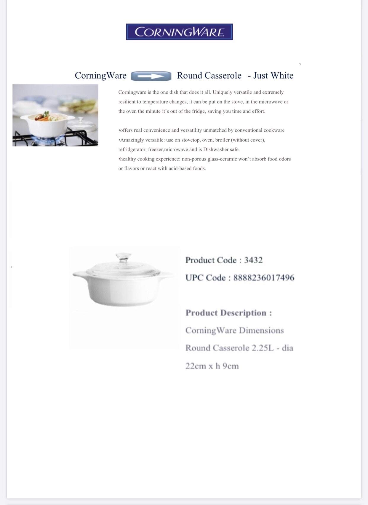 CorningWare Glass-Ceramic Pyroceram Round Classic Casserole, 2.4 Quart / 2.25 Liter Cooking Pot with Handles & Glass Cover - White (Medium)