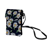 Small Crossbody Bags Watercolor White Daisies Green Leaves Navy Leather Cell Phone Purse Wallet for Women Teen Girl