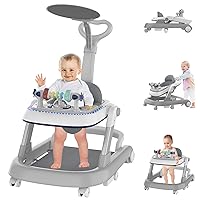 Baby Walker, Foldable Baby Walker with Wheels & LED Light, Height Adjustable and Adjustable Speed Walker for Babies, Baby Walkers for Babies 6–12 Months Boys Girls with Footrest, Push Rod (Grey)