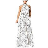 Women's Summer Rompers 2023 Drawstring Sleeveless Hanging Neck Trousers Printed Jumpsuit Vacation Clothing