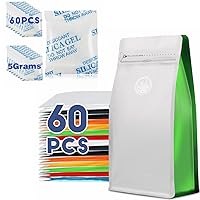 60pcs 16oz 1/2 lb White+Green Coffee Bags with Valve+60 Packs 5 Grams Silica Gel Packs Desiccant Packets for Storage, Transparent Desiccant
