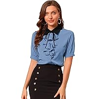 Allegra K Women's Contrast Collar Tie Ruffle Front Button Short Sleeve Work Shirt